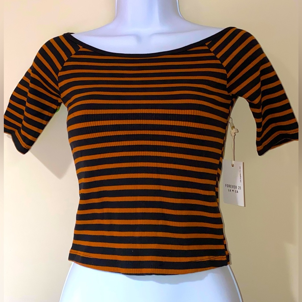 New striped top knit striped short sleeve top black orange stripes striped tee - Picture 1 of 4